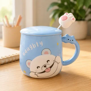 ماگ سرامیکی درب‌دار طرح خرس Naughty با قاشق کد NK-558