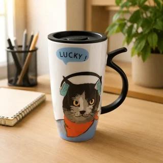 ماگ سرامیکی درب‌دار طرح گربه هدفون‌دار LUCKY